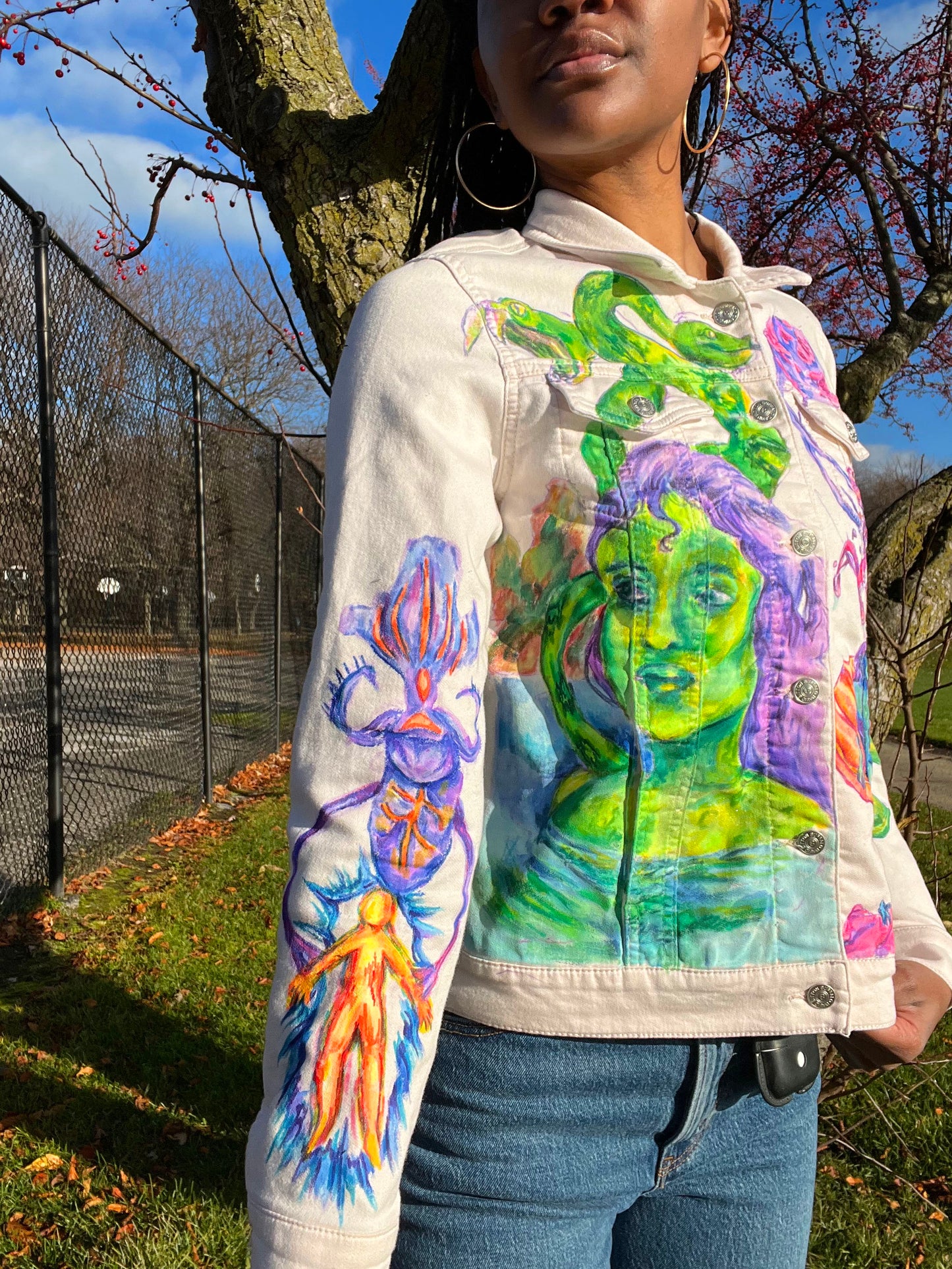 Medusa 1/1 hand drawn pink jean jacket