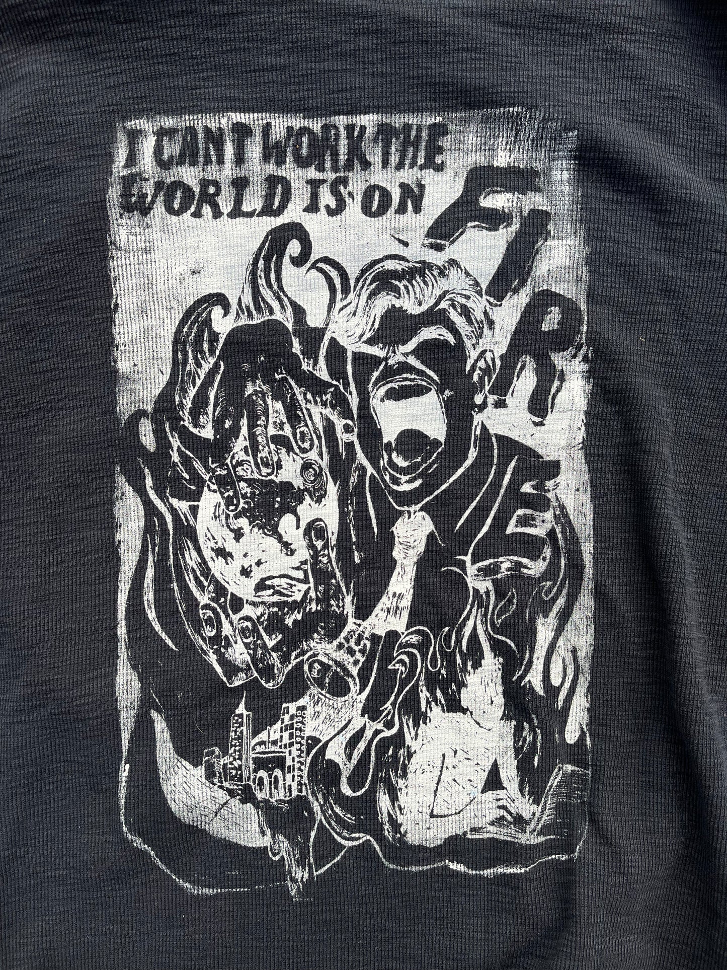 XL I Can't Work the World is on Fire black long sleeve graphic tee shirt 07