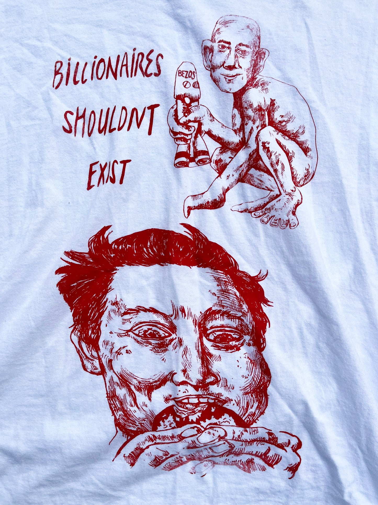 LARGE Billionaires Shouldnt Exist white v neck graphic tee shirt 09