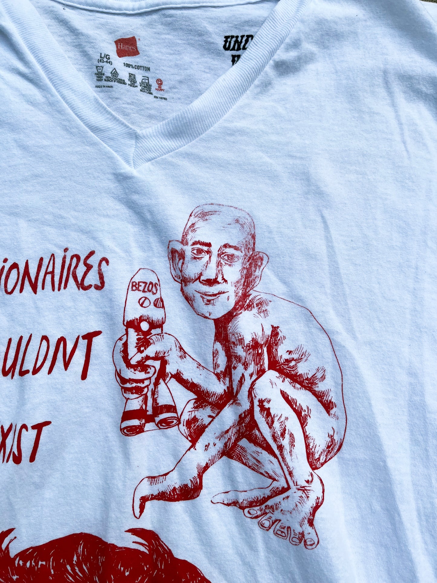 LARGE Billionaires Shouldnt Exist white v neck graphic tee shirt 09