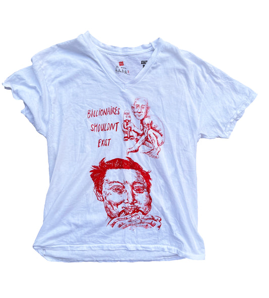 LARGE Billionaires Shouldnt Exist white v neck graphic tee shirt 09