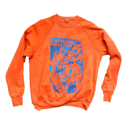 Medium I Can't Work the World is on Fire orange sweater graphic tee 01