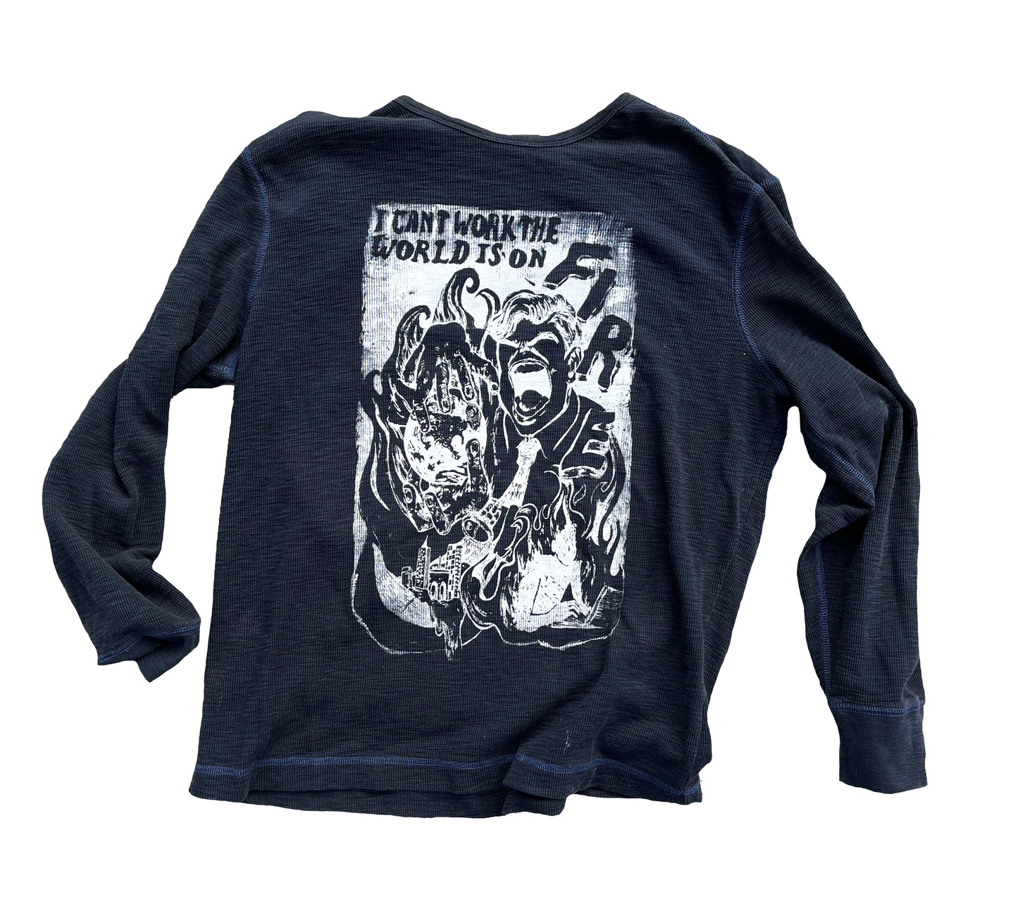 XL I Can't Work the World is on Fire black long sleeve graphic tee shirt 07