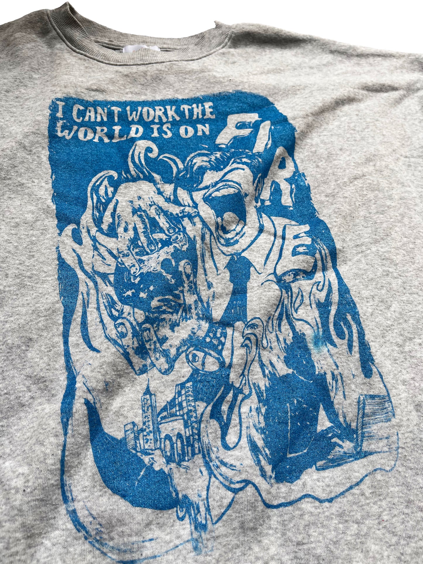 2x I Can't Work the World is on Fire gray sweater graphic tee 02