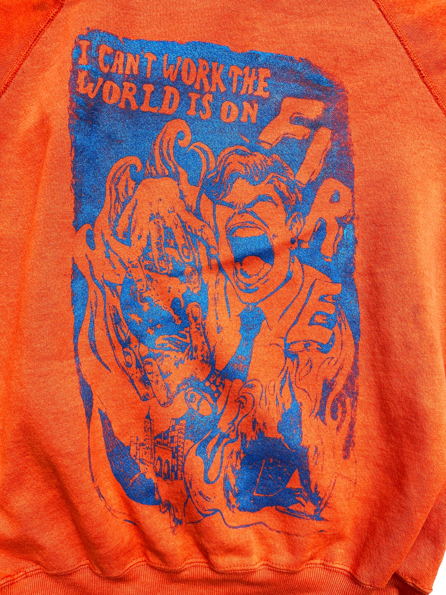 Medium I Can't Work the World is on Fire orange sweater graphic tee 01
